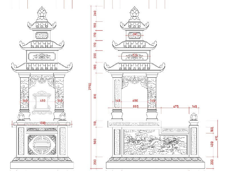 Bản vẽ lăng mộ ba mái chi tiết